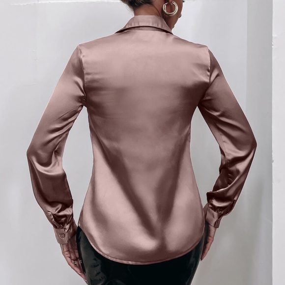 Satin Camel button up minimalist Boyfriend Shirt - Picture 10 of 12